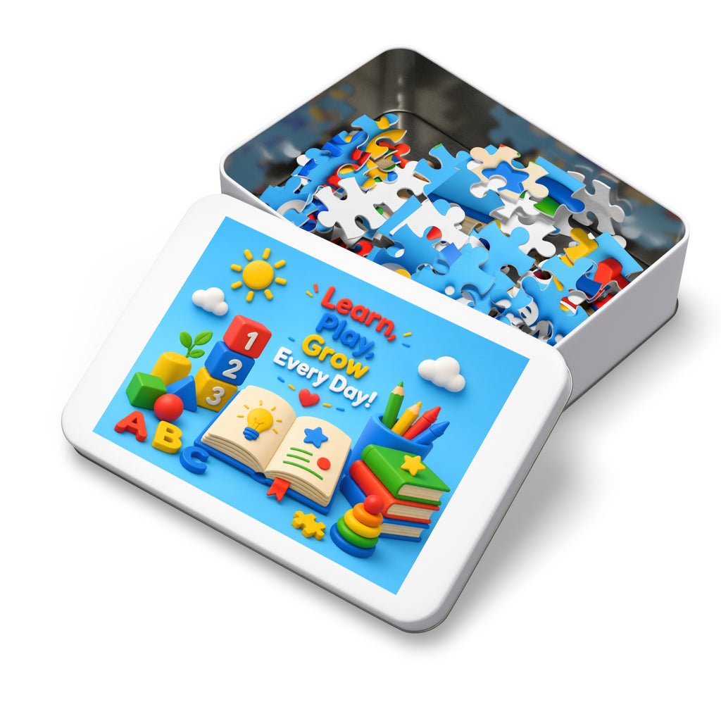Kids Educational Jigsaw Puzzle Tin — "Learn, Play, Grow Every Day!"