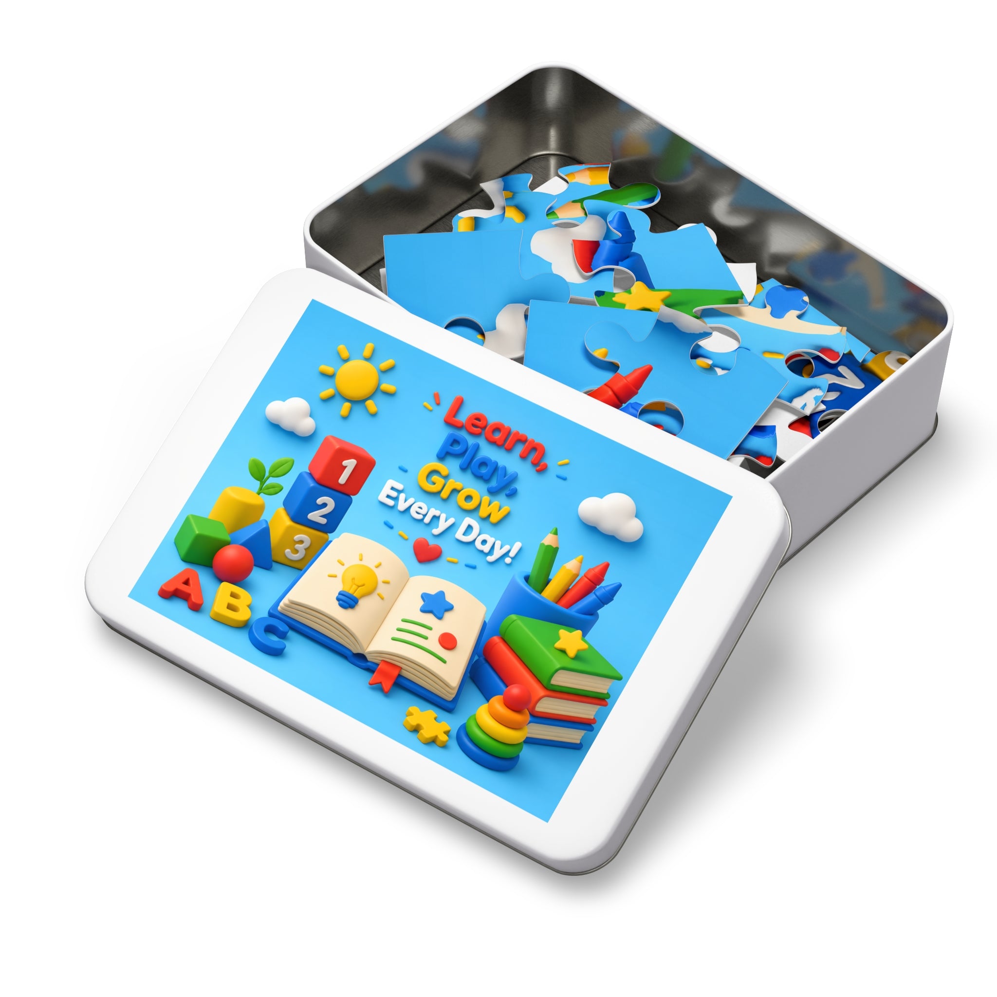 Kids Educational Jigsaw Puzzle Tin — "Learn, Play, Grow Every Day!"