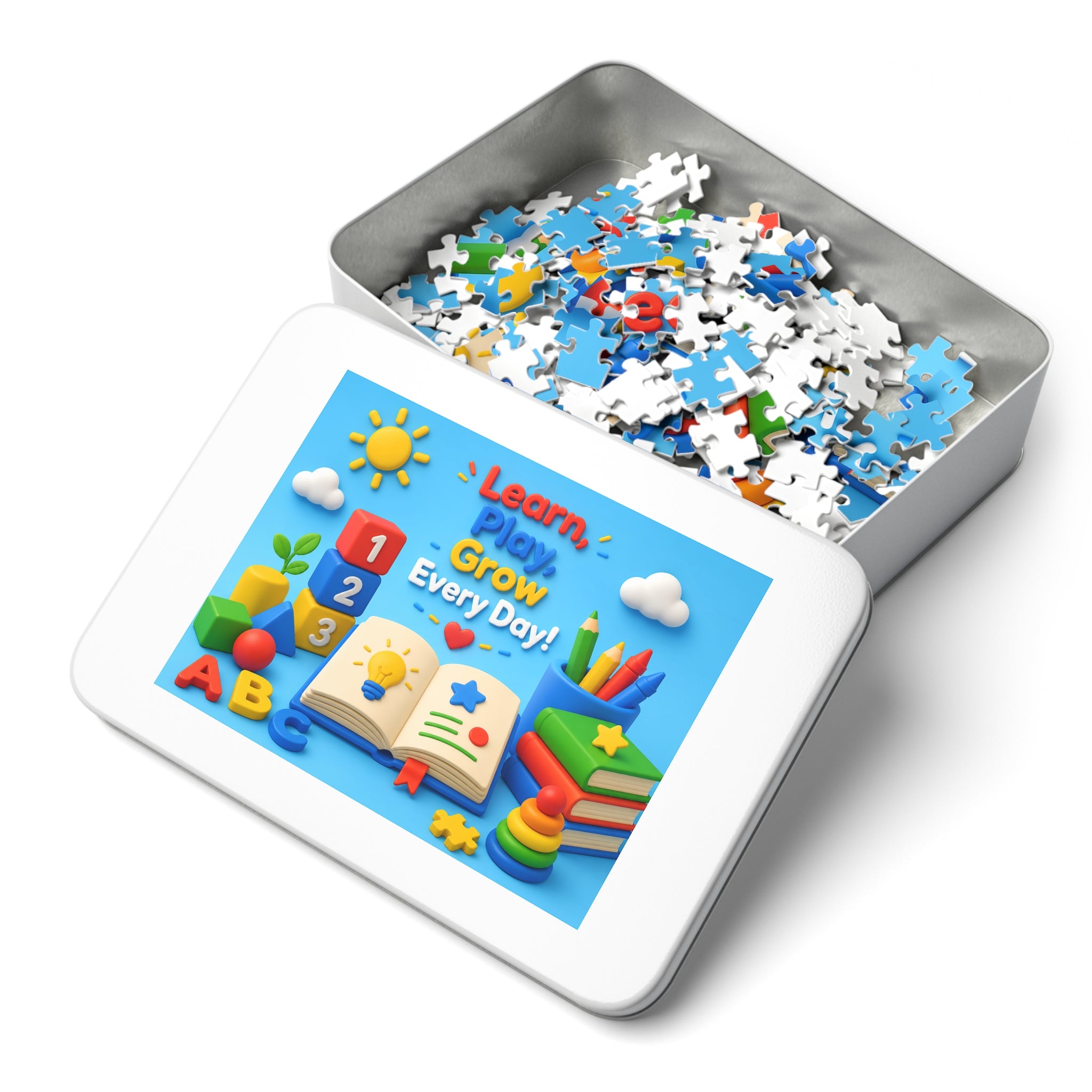Kids Educational Jigsaw Puzzle Tin — "Learn, Play, Grow Every Day!"